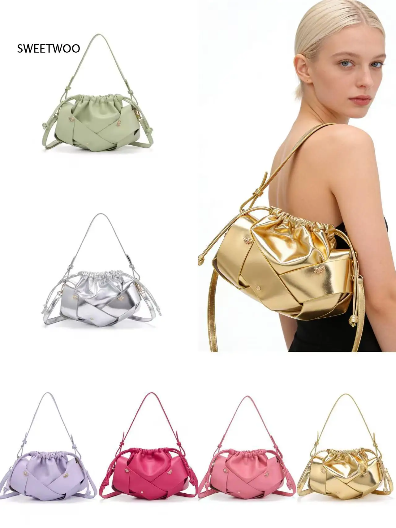 2026 Metallic Shiny Drawstring Woven Crossbody Bag Thin Adjustable Strap Mini Shoulder Purse for Party Daily Street Trendy Look