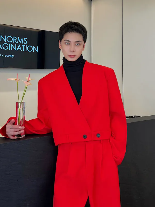 

Красный мужской костюмный пиджак с V-образным вырезом, модный, с пуговицами, повседневный, с длинными рукавами, свободного кроя, для весны, лета и осени