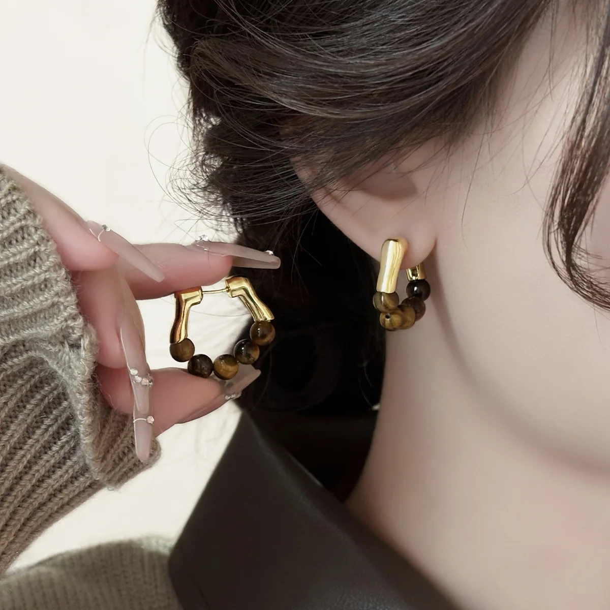 Vintage Natural Stone Tiger's-eye Metal Stud Earrings for Women European And American Personality Party Trendy Jewelry Gifts