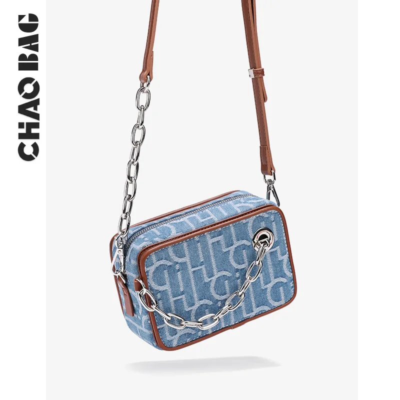 Original niche designer men's bag light luxury presbytery box bag Denim chain Crossbody bag small square camera bag fashion