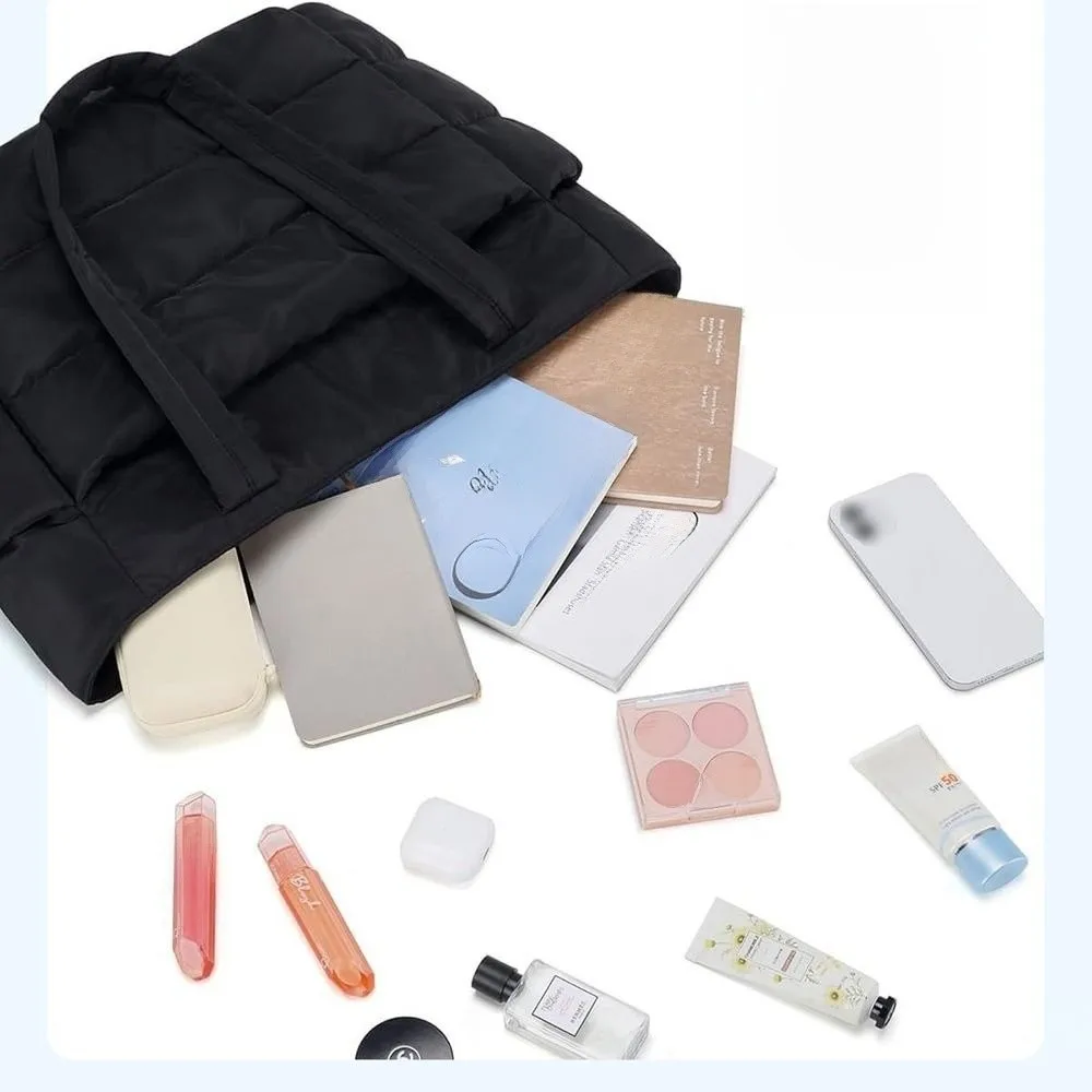 다용도 대용량 면 패딩 토트백 가벼운 단색 퀼트 토트백 지퍼 소프트 러기지 핸드백 소녀용