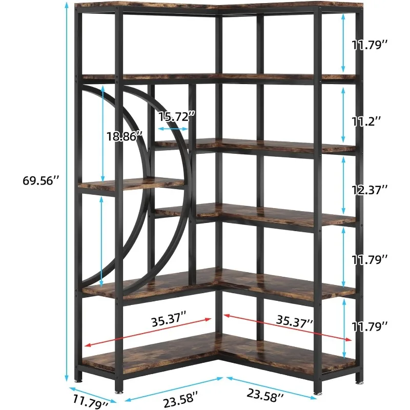 6-Shelf Corner Bookshelf Industrial 6-Tier Corner Etagere Bookcase, Large Corner Shelf L-Shaped Book Shelves Display