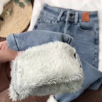 Dames Winter Pluche Warme Fleece Skinny Jeans, Hoge Taille Stretch Denim Broek Met Thermische Voering Winterlaars Cut Jeans Vrouw