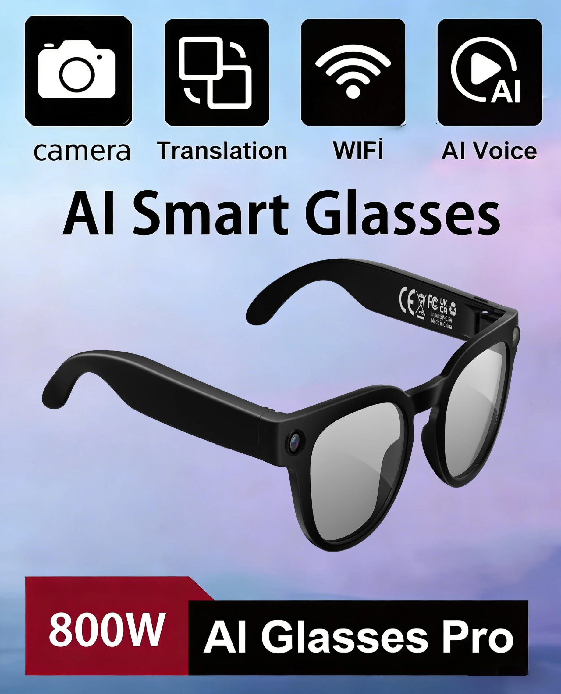 

AI Smart Glasses 8MP HD Camera Video Recording AI Translation Voice Assistant TR90 Ultralight Bluetooth Call Music Smart Eyewear