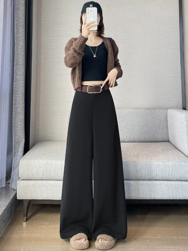 Fall Winter Woolen Wide-leg Suit Pants Women 2025 Fashion High-waisted Draping Straight-leg Casual Floor-length Thick Trouser