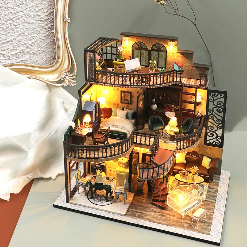 DIY Wooden Miniature Model Kit para Amigos, European Loft, Casa Doll Houses, 3D Puzzle, Dollhouse with Furniture Lights, Xmas Gifts