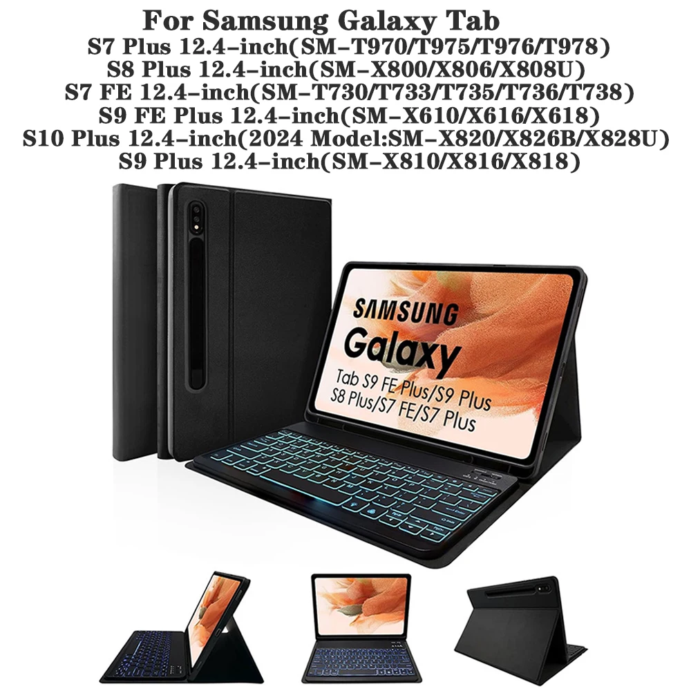 For Samsung Galaxy Tab S7+/ S8+ / S9+ / S7FE+ / S9FE+ / S10+ 12.4 Inch Case, Detachable Magnetic Keyboard Cover with S Pen Holde