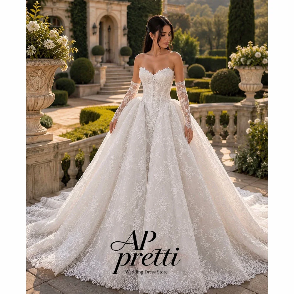 AP pretti Magnificent Sweetheart Collar Lace Detachable Long Sleeve Bridal Gown Customized Long Train Wedding Dresses For Woman