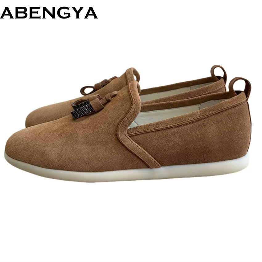 

Lover's Spring Suede Leather Loafers Women's Round Toe Fringe Decor Flat Shoes Male Slip On Versatile Single Shoes For Woman Man