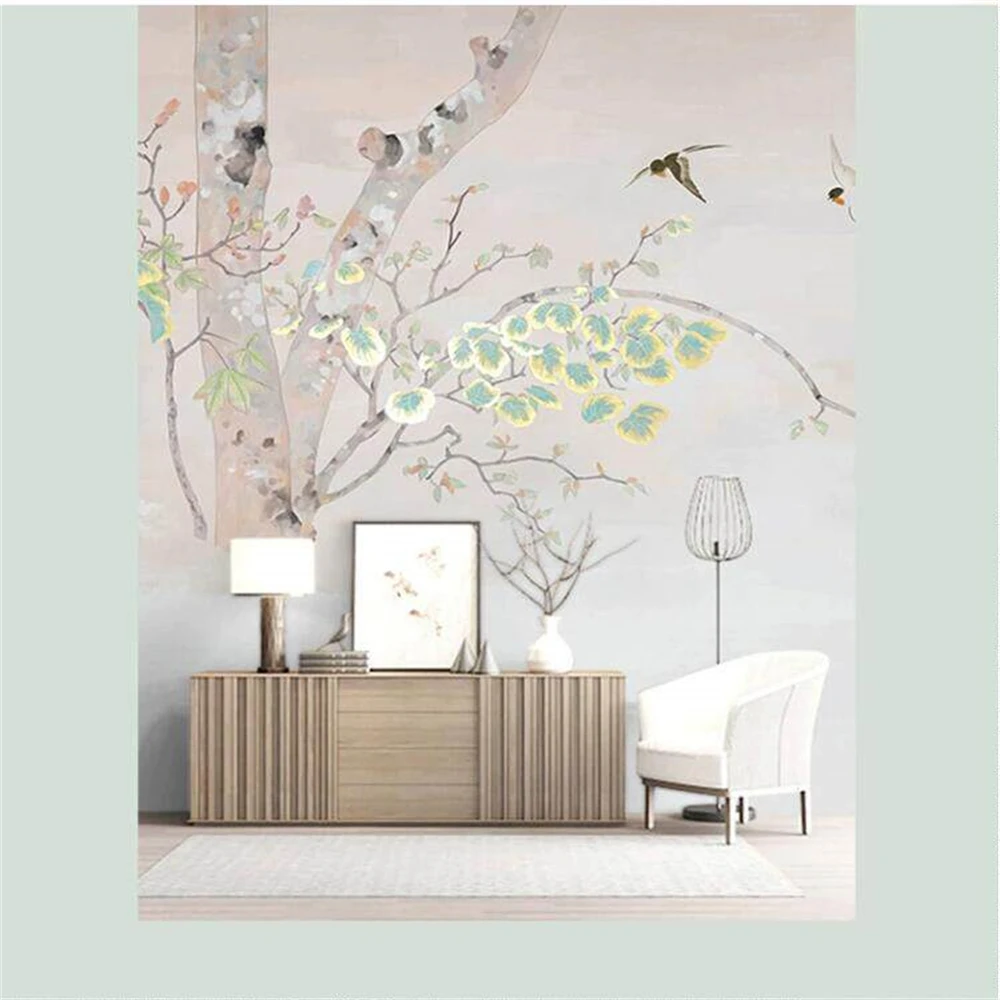 

Современные китайские обои на заказ для гостиной, 3D-обои для ТВ-зоны, с изображением весенней ласточки и деревьев в стиле тушевой живописи, для спальни, в старинном стиле