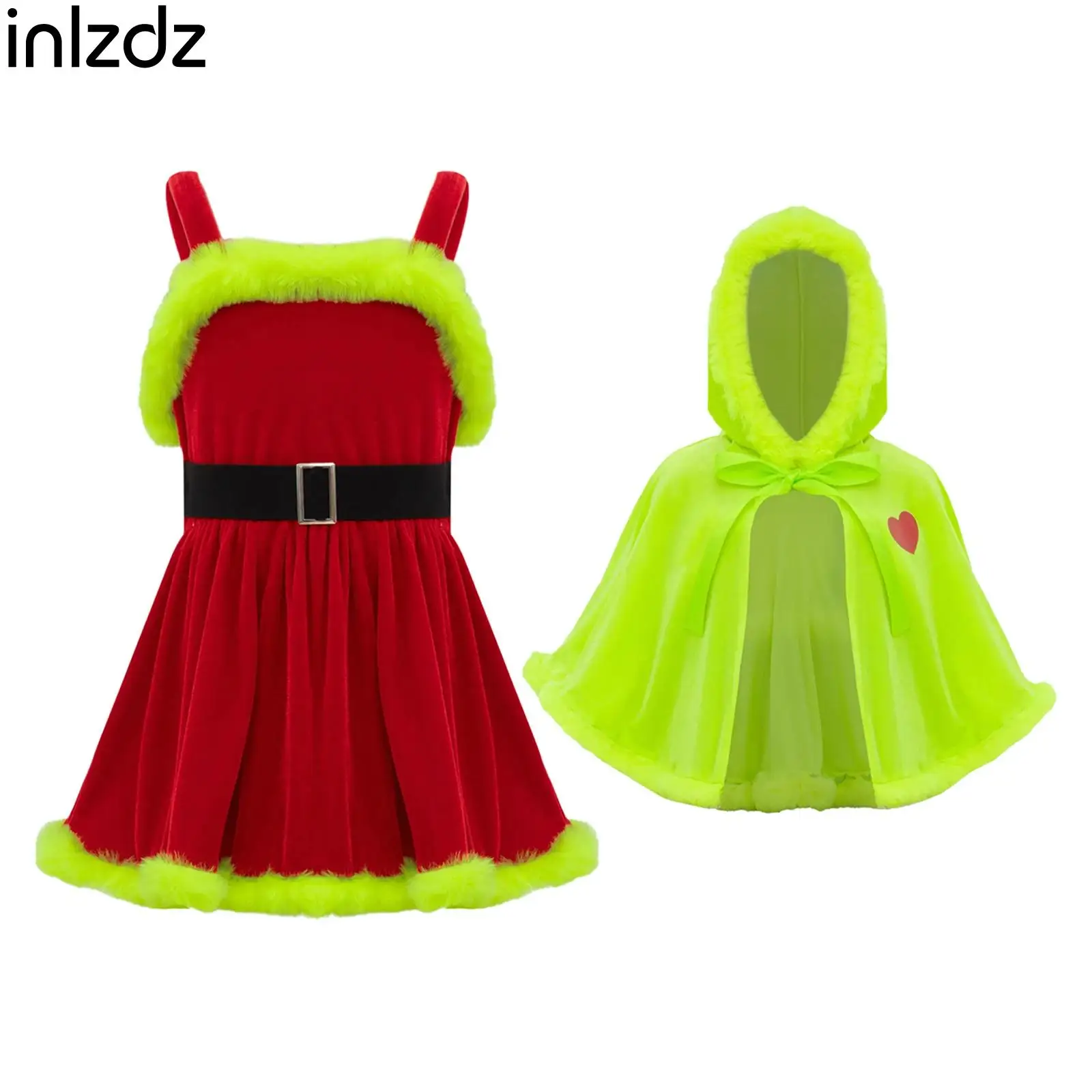 

Girls Green Christmas Santa Claus Cosplay Costume Sleeveless Dress with Hooded Shawl Cape Set for New Year Xmas Holiday Party