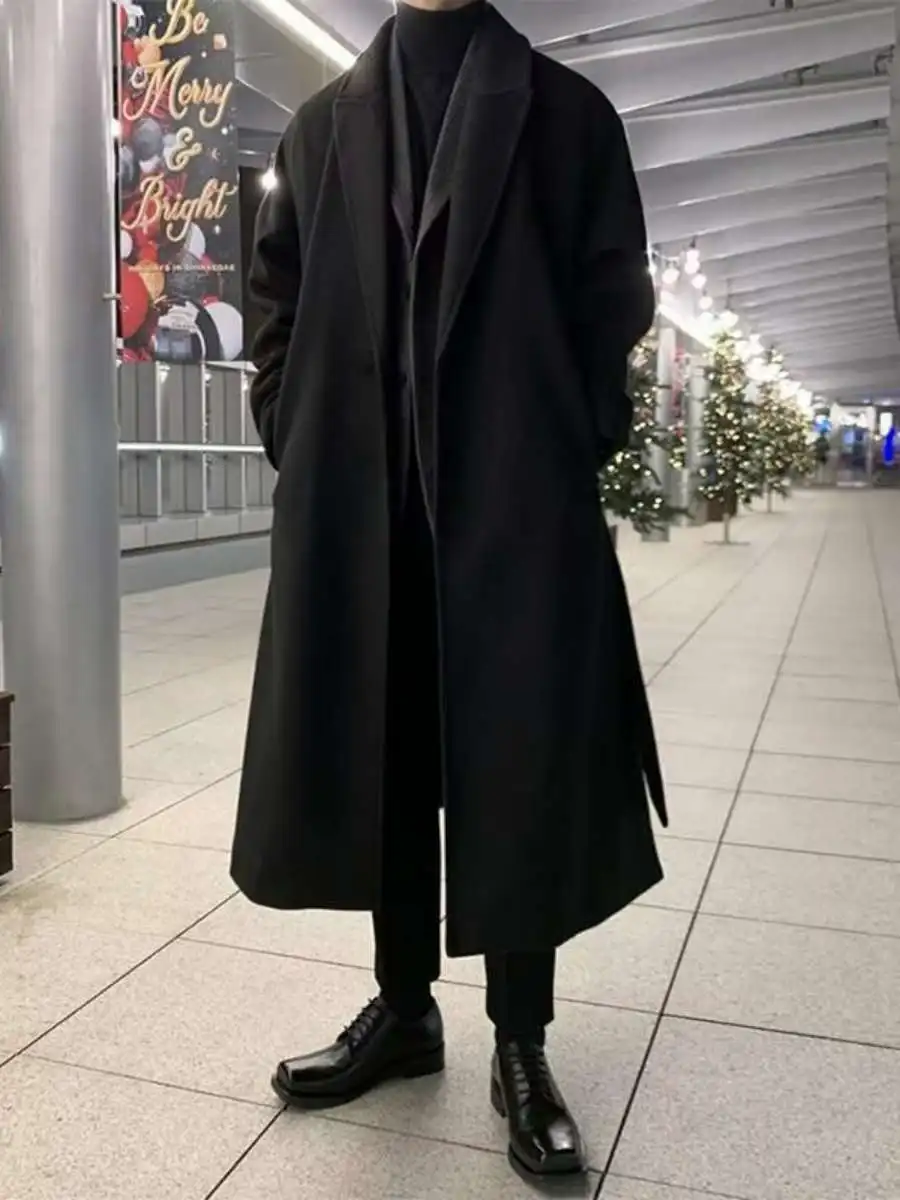 

Korean Sle Men's Long Over-Knee Briti Sle Woolen Coat Spring Autumn Loose Outerwear Trendy Mid-Length Windbreaker