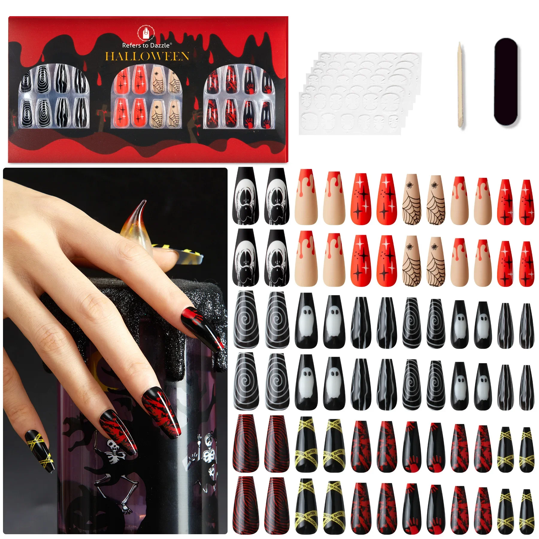 

Press on Nails Set 72Pcs Wearable Long Ladder Fake Nails Full Cover Reusable Artificial Nails False Nail for Halloween Christmas