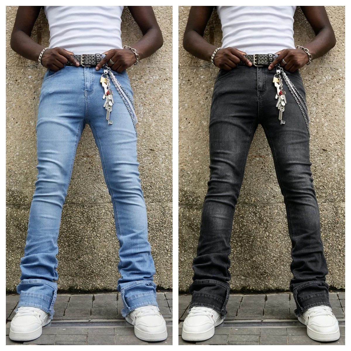 Y2k Mens Stack Jeans Elastic Skinny Solid Color Stretch Pencil Pants Slim Fit Denim Jogging Streetwear Cowboy Casual Trousers