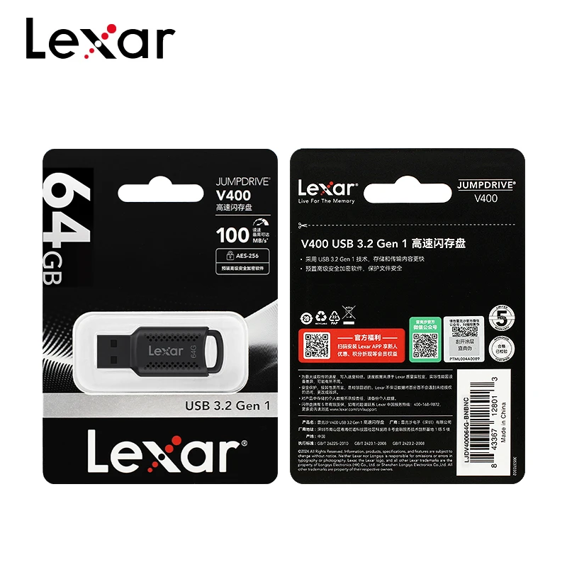 قرص فلاش Lexar JumpDrive V400 USB3.2 الأصلي 32 جيجابايت 64 جيجابايت 128 جيجابايت قراءة بحد أقصى 100 ميجابايت/ثانية U Stick ذاكرة سوداء USB Pendrive لأجهزة الكمبيوتر المحمول