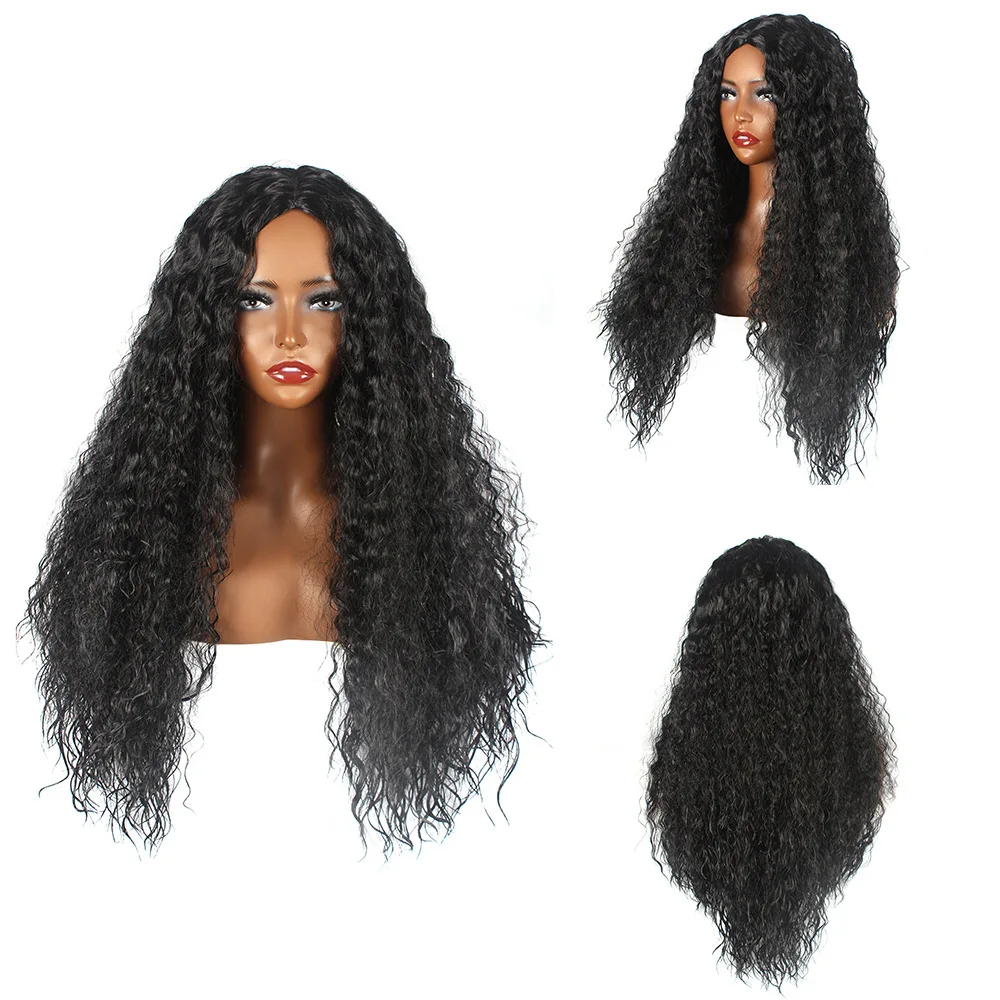 New African Wig Women's Fashionable Black Small Curly Hair With Water Ripple Corn Perm Center Split Bang Full Top Cover JF2088-2