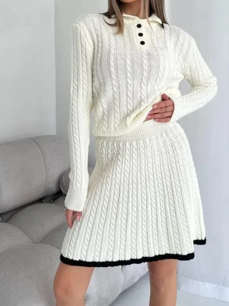 Women\'s Two Pieces Set 2024 New Autumn Casual Long Sleeve Turn-down Collar Knitted Button Sweater & High Waist Mini Skirt Set