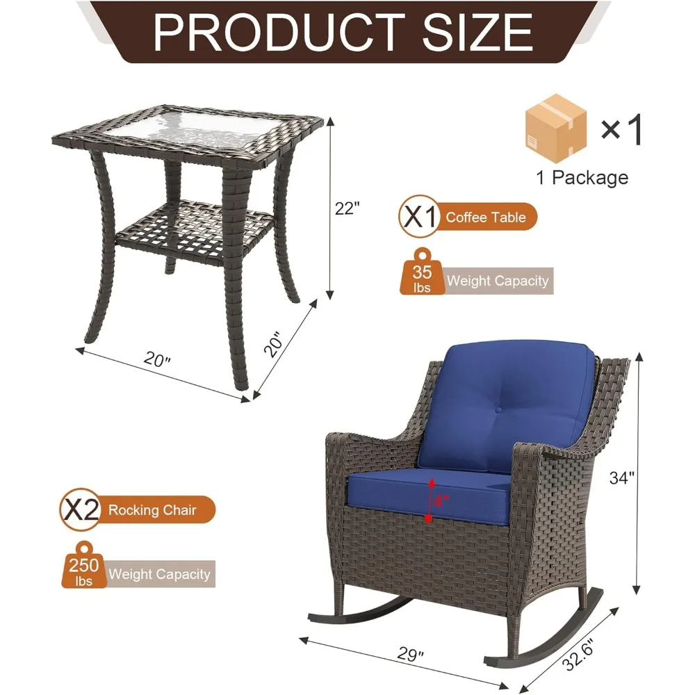 3 pieces patio furniture set, 2 high back rattan rocking chairs and side table, outdoor pe wicker furniture set, all weather pat
