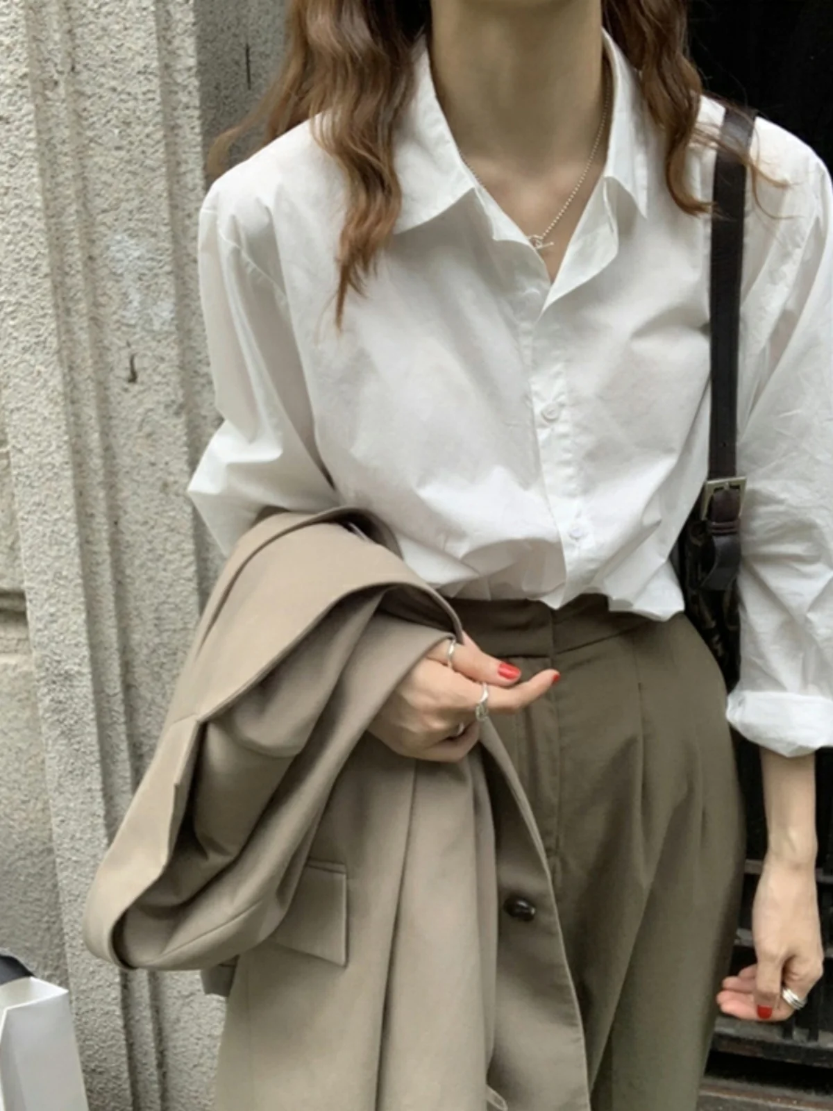 White Long Sve irt Women's Inner Wear Simple Work Design Korean Sle Spring Autumn Top Quali Commute Faion Straight...