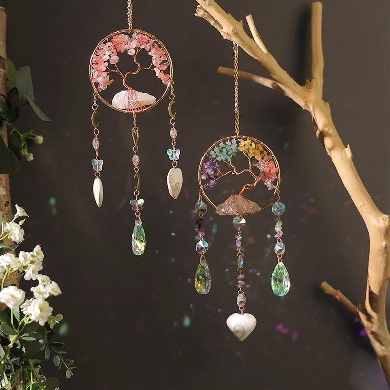 

Crystal Tree of Life Sun Catcher Hanging Decor Natural Stone Rose Quartz Dream Catchers Nordic Style Room Decorative Unique Gift