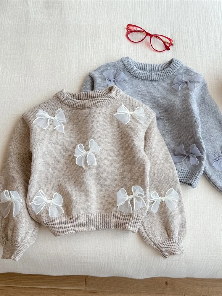 

Girls Knitted Sweater with Bow Tie Autumn Faion Baby Girl's Long Sve round Ne Warm Thermal Top New 2025 Korean Sle