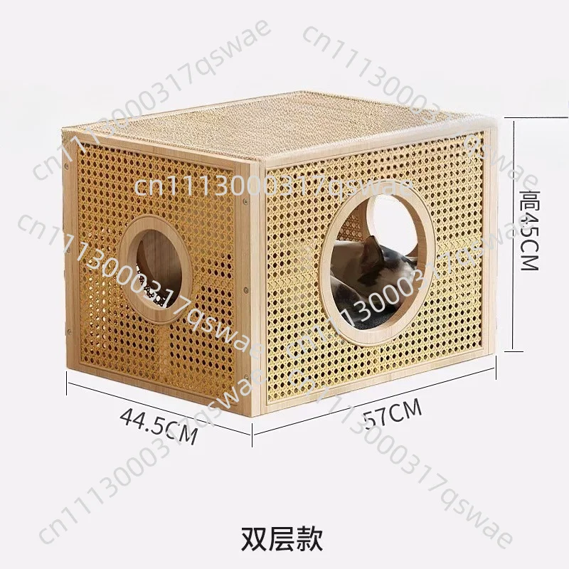 Solid Wood Rattan Cat BedTwo-Story Pet Villa,Luxury Cat House&Shelter,Small Pet Sleeping Basket All Seasons,Indoor Cat Furniture