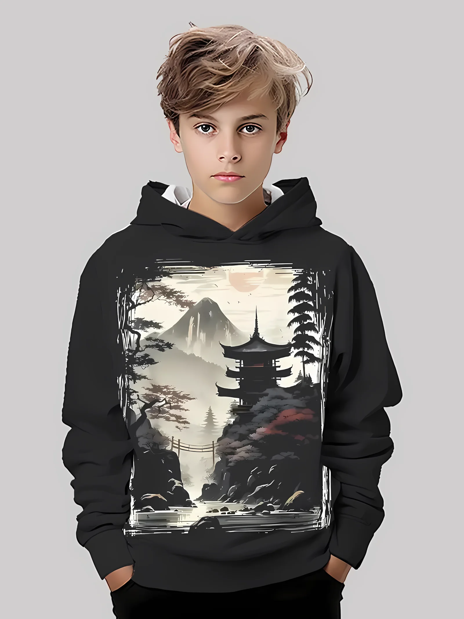 

The 2025 autumn new children's soft sweatshirt with 3D landscape and pavilion printing casual children's sportswear