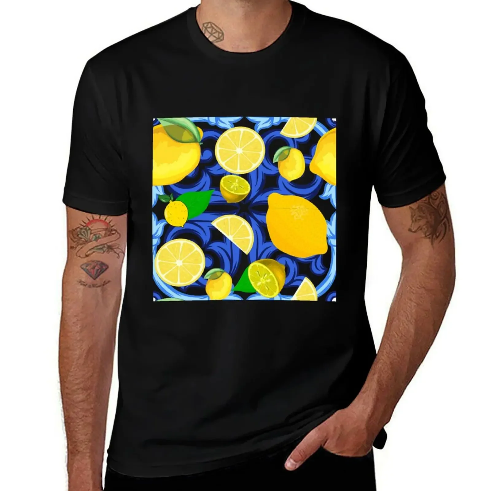 

Lemon On Top Of Blue And White Tile Italian Style T-Shirt customs design your own new edition sweat shirts, men