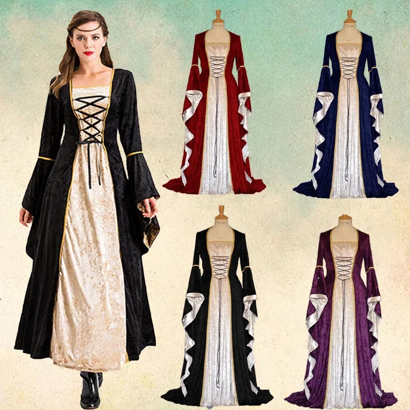 

Halloween retro palace princess queen costume medieval drama stage performance dress trumpet sleeve dress