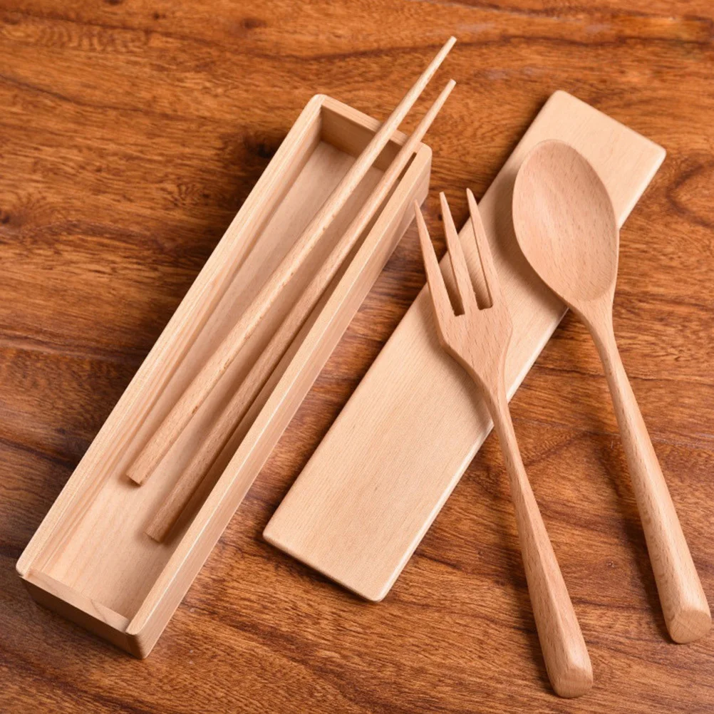 

1Set Real Wood Cutlery Set Eco Friendly Portable Tableware with Spoons Forks Chopsticks Storage Box Ideal for Camping Hiking