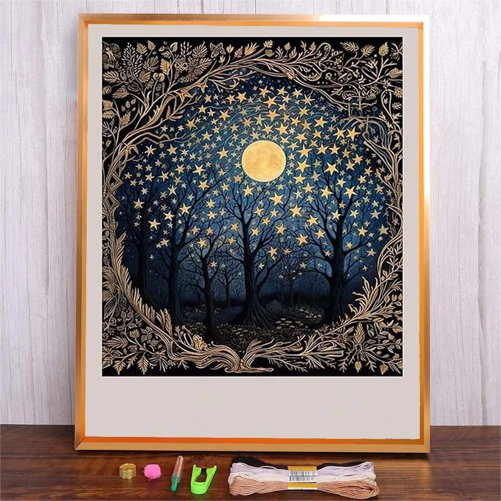 

DMC Threads Cross Stitch Kit 11ct 14ct Printing Cloth Embroidery Handmade Needlework Cross Stitch Fabric Starry Sky Tree Canvas