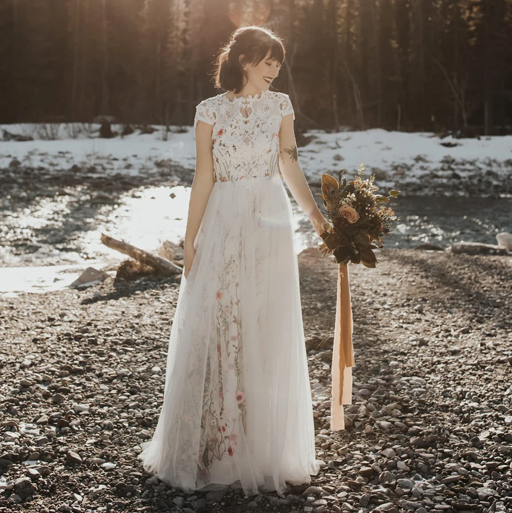 Superbe robe de mariée en dentelle avec appliques à col rond pour la mariée, robes de patients brodées de fleurs, sur mesure, nouveau design, photos réelles, 12932 #