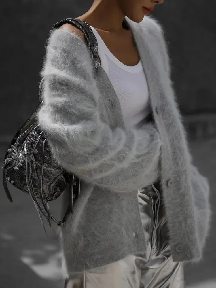 الخريف الشتاء المرأة بالأزرار موضة سترة برقبة على شكل v معطف طويل الأكمام المتضخم سترة الإناث أزرار الصلبة محبوك سترة