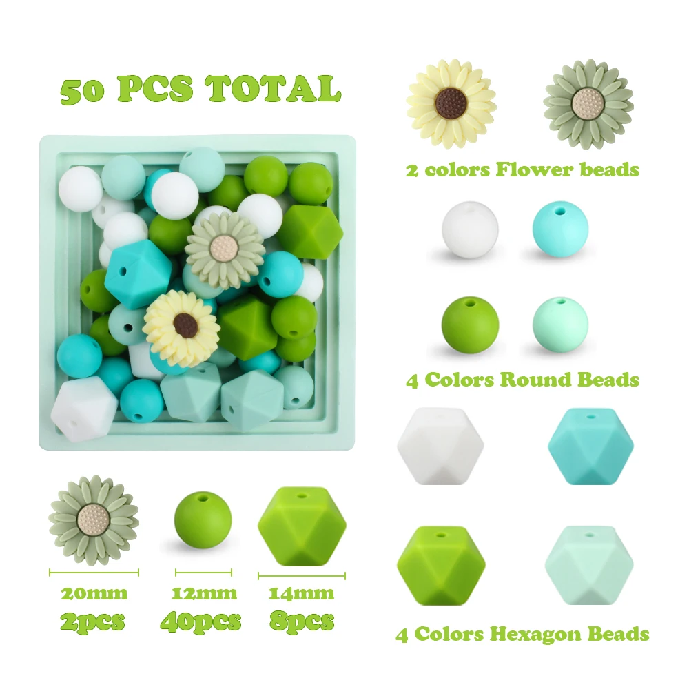 50Pcs/set Silicone Beads Pacifier Chain Hexagon Clips Set Flower Shape Teething Beads Newborn Accessories Diy Toys Food Grade