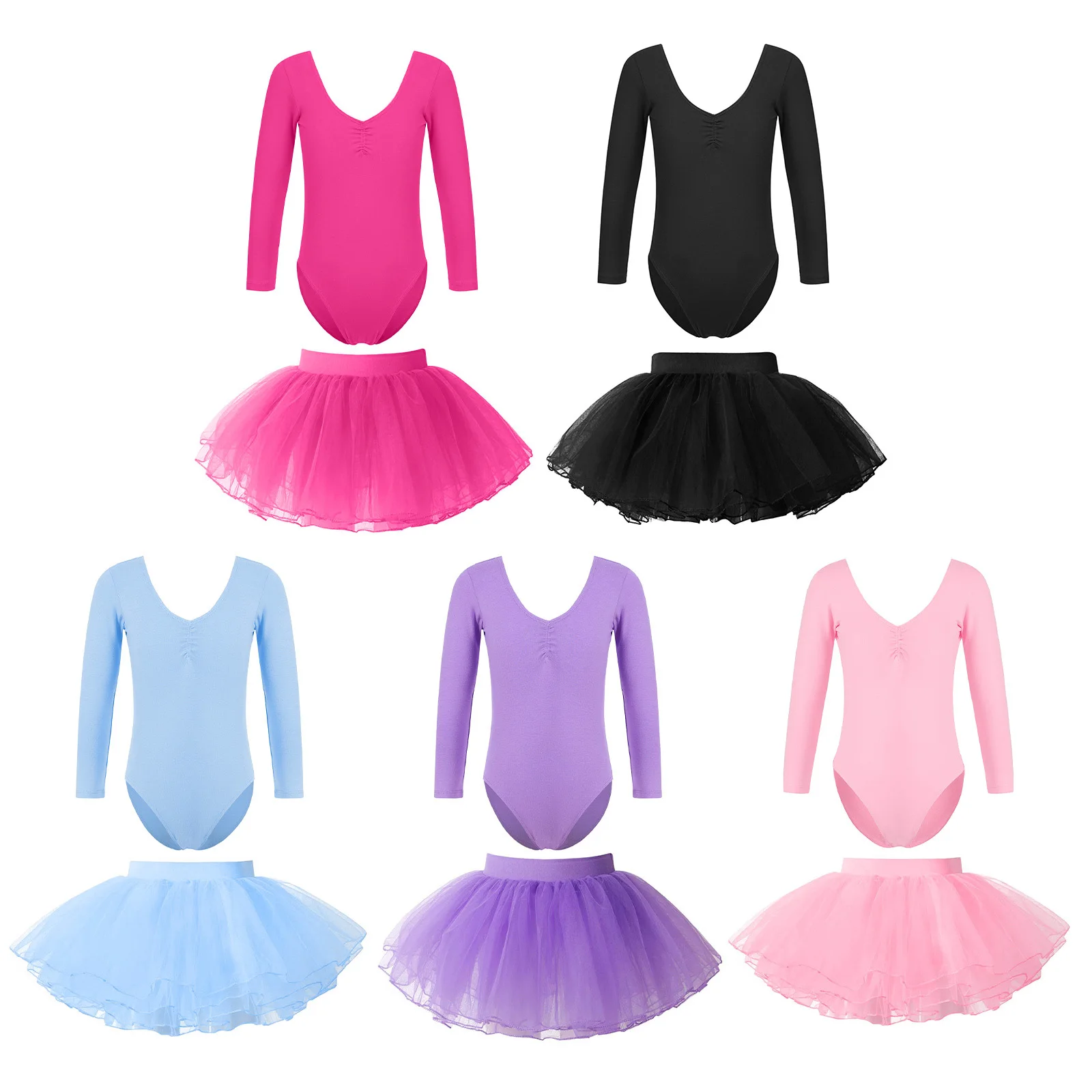 

Kids Girls Ballet Dance Outfit Long Sleeve V Neckline Bodysuit Sweet Stage Performance Leotard Four-Layer Tutu Mesh Ruched Skirt