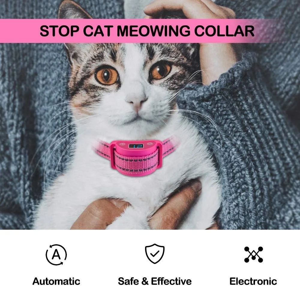 PaiPaitek Cat Meow Collar, Cat Stop Meowing at Night, Vibrating Cat Collar No Shock is Safer, 5 Levels of Progressive Training