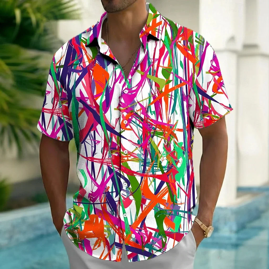 Men's Collar Short Sleeved Shirt with Colorful Abstract Graffiti Cross Line Printing, Hawaii Beach Vacation Casual Men's Shirt