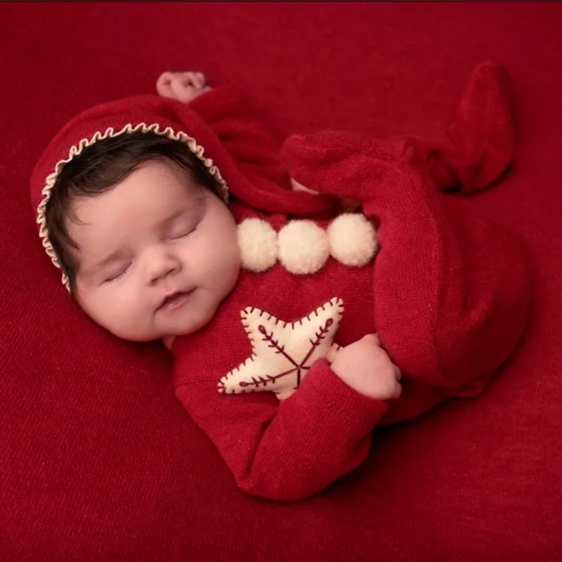 Christmas Photography Clothing Newborn Soft Plush Santa Claus Cap and Red Hairball Jumpsuits Sets Studio Baby Photoshoot Outfits