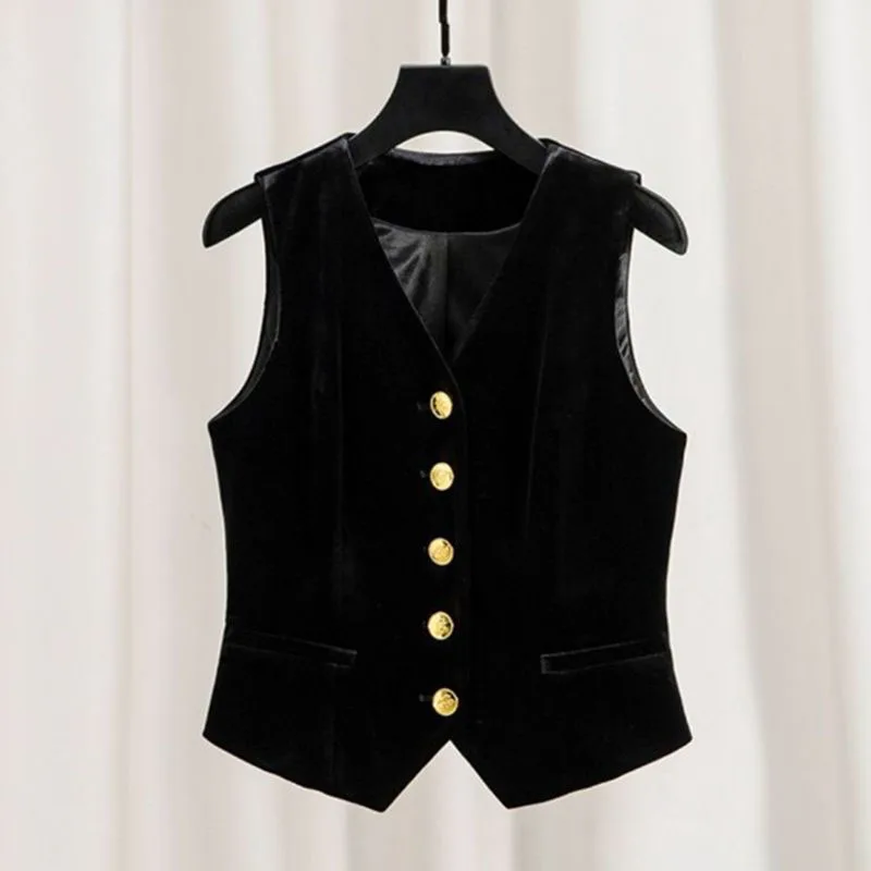 New 2025 Spring Autumn Black Velvet Women's Vest Coat Sleeveless Fashion Elegant Chic Casual All-match Ladies Suit Waistcoat