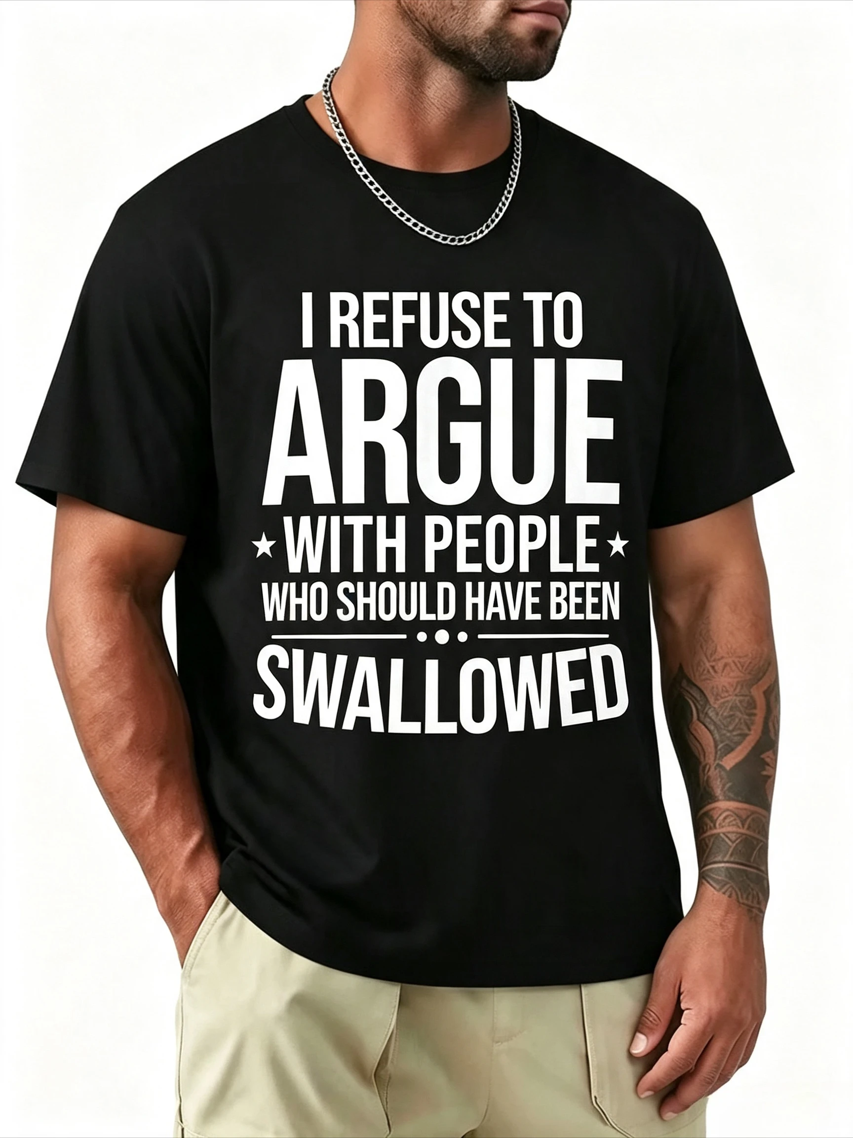 I Refuse To Argue Funny Sarcastic Quote Print T-shirt Star Decor Loose Pure Cotton Black Unisex Summer Casual Tee