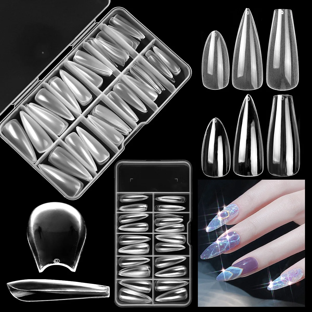100/120pcs Acrylic Nails Fake Capsule Short Almond Coffin Square Artificial Nail Extension Soft Gel Tips Accessories Tools