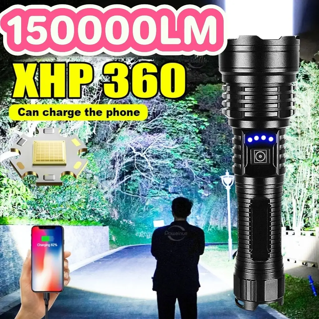 

150000LM Super Powerful Flashlight XHP360 Wick Super Bright Long Range Torch Outdoor Tactical Flashlight Camping Fishing Lantern