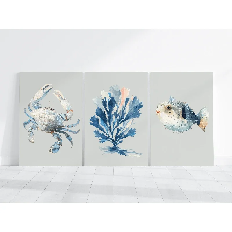 3pcs frameless Canvas Painting 3pcs Blue Seaside-Themed Art Posters Crabs, Seaweed, and Pufferfish Marine Life Canvas Prints for
