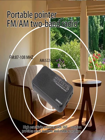 Mini radio FM/AM de dos bandas, conector para auriculares 3,5, sonido fuerte con altavoz de 1W, antena de alto rendimiento de 180 grados, un buen amigo para el hogar