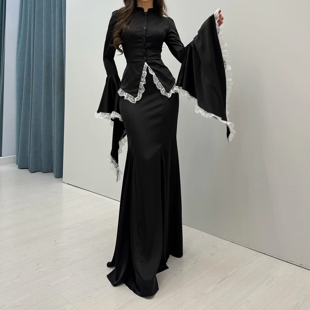 

Black Mermaid Evening Dress White Lace Trim Bell Sleeves Button Front Corset Back Floor-Length Formal Party Prom Gown for Women