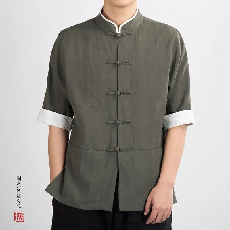 men's-cotton-linen-short-sleeve-shirt-collar-button-down-traditional-chinese-style-summer-casual-wear-pure-color-new-arrival