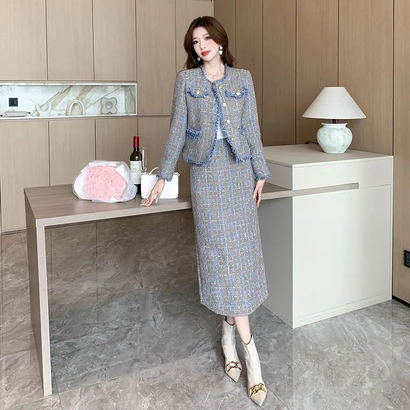 

Women Fashion Loose Sweet Single Breasted Casual Chic Tweed Jacket and A-line Half Long Skirt Autumn Winter Two Piece Set