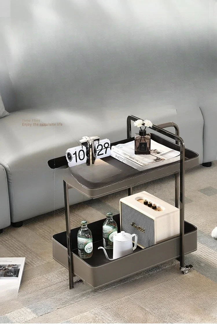 طاولة قهوة إيطالية جديدة بسيطة بطبقة مزدوجة، طاولة جانبية قابلة للإزالة من الجلد الفاخر وخفيفة الوزن #6