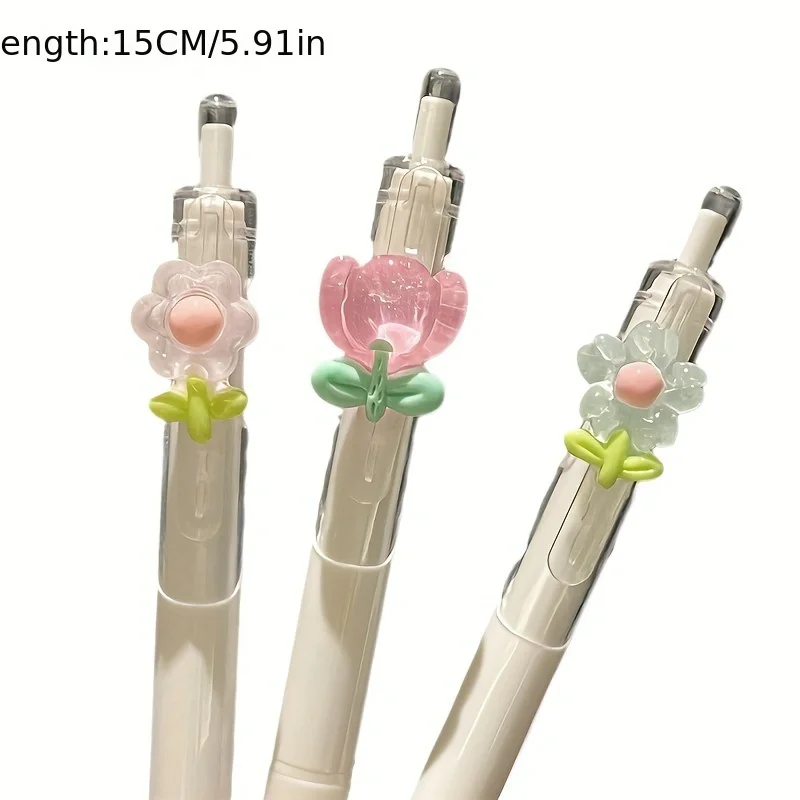 3Pcs Flower Gel Ink Rollerball Pens Medium Point 0.5mm Quick-Dry Plastic Pens Tulip Design Retractable Writing Pens Decoration