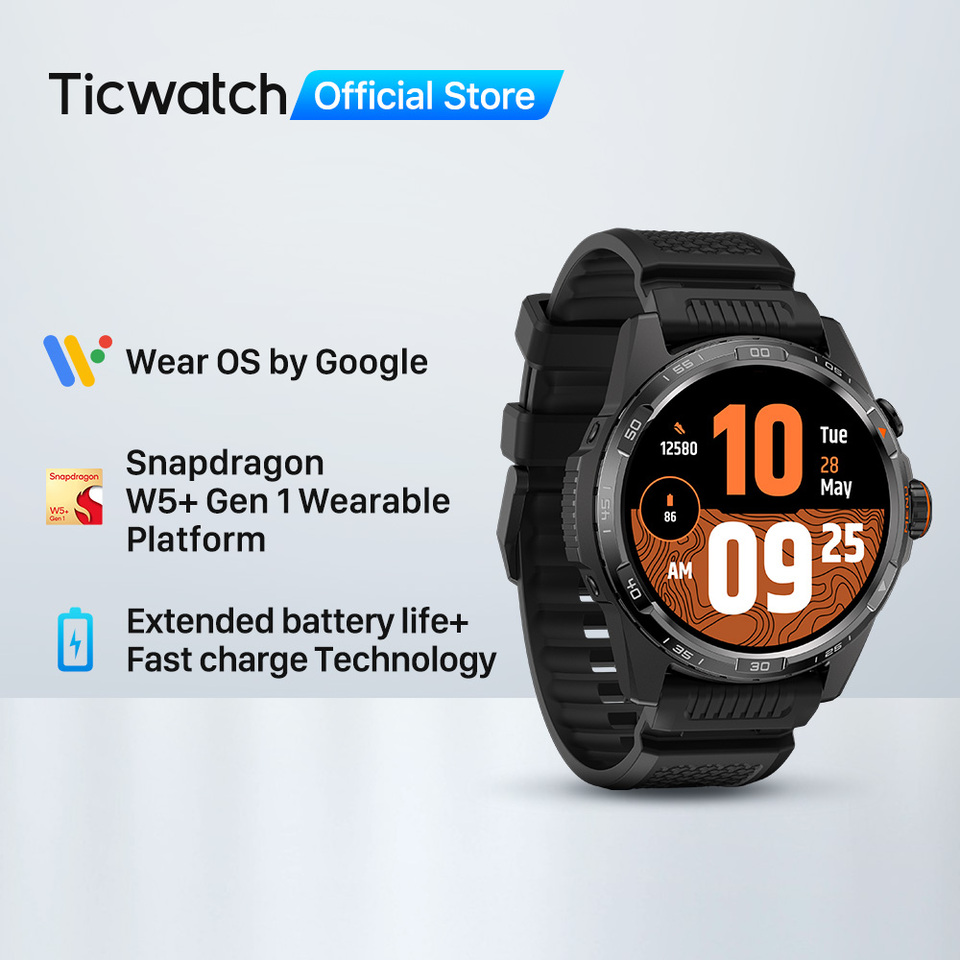  TicWatch Atlas Black Smartwatch, max 45 days Battery, motion tracking, GPS, barometer, compass, 110+ workout, only for Android 